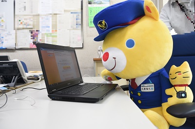 パソコンに向かうくまなく・たびにゃんの様子 パソコンに向かうくまなく・たびにゃんの様子