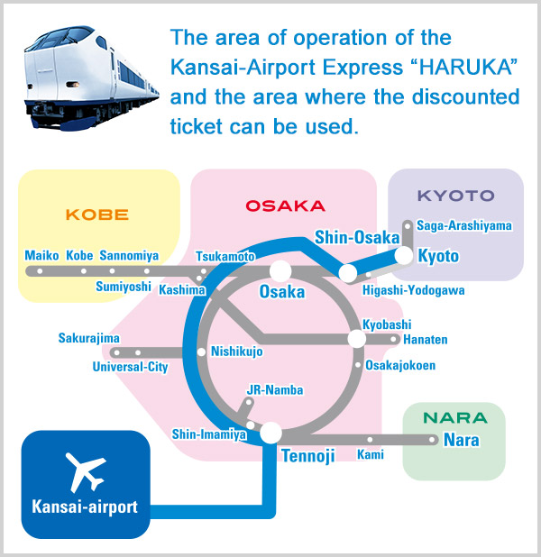The area of operation of the Kansai-Airport Express "HARUKA" and the area where the discounted ticket can be used.
