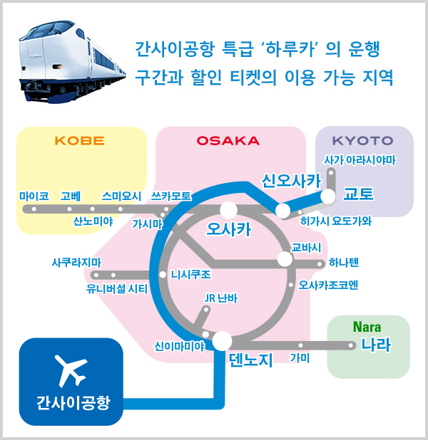 The area of operation of the Kansai-Airport Express "HARUKA" and the area where the discounted ticket can be used.