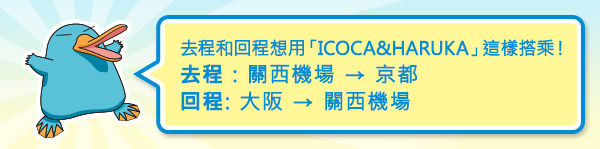 去程和回程想用「ICOCA&HARUKA」這樣搭乘！去程 : 關西機場 → 京都 回程: 大阪 → 關西機場