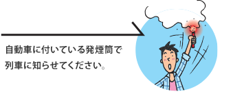 自動車に付いている発煙筒で列車に知らせてください。